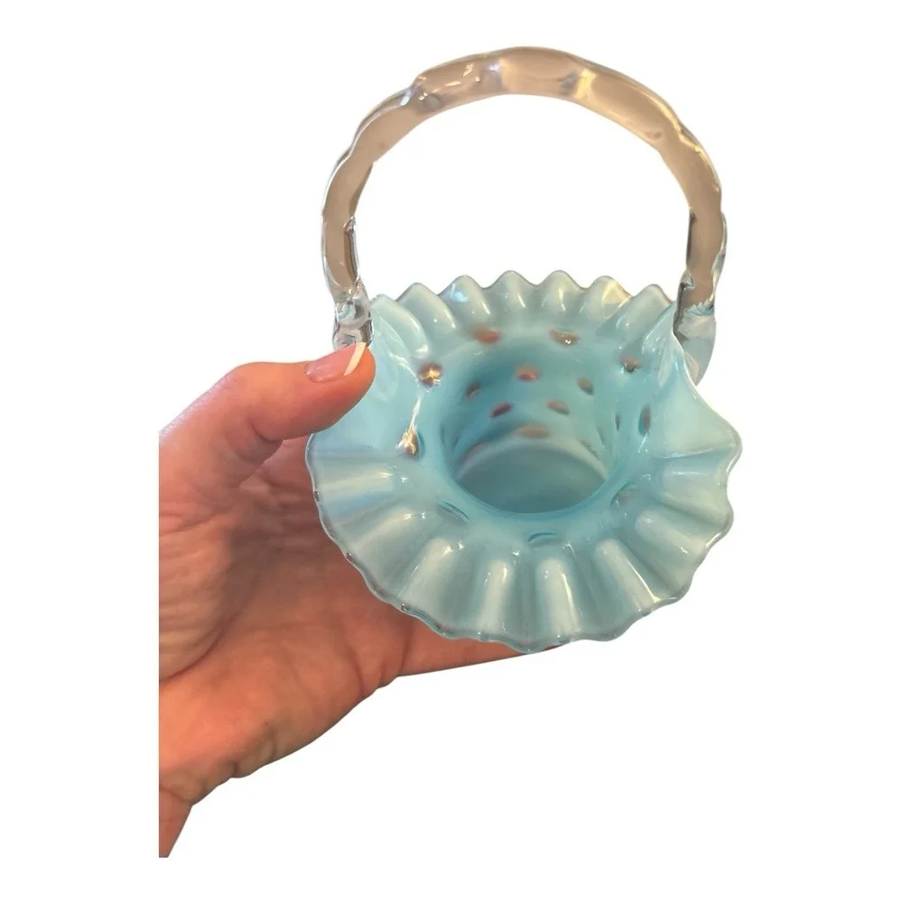 Fenton Aqua Opalescent Coin Dot Ruffled Top Hat Basket Art Glass